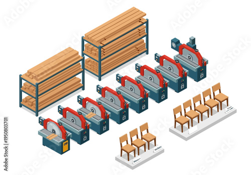 Isometric set of woodworking tools, chairs, and lumber on shelves