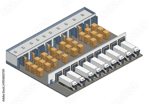 Logistics warehouse with multiple loading docks and trucks, showcasing efficient supply chain operations