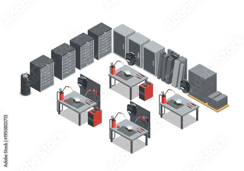 Server room equipment and workstations in an isometric view