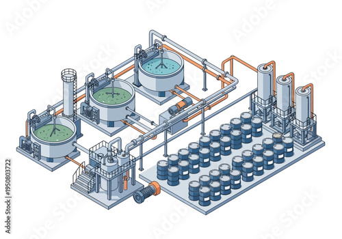 Industrial chemical processing plant with tanks, pipes, and barrels
