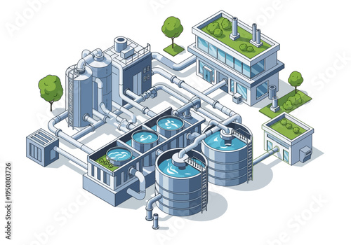 Industrial Water Treatment Plant and Wastewater Recycling Facility Illustration