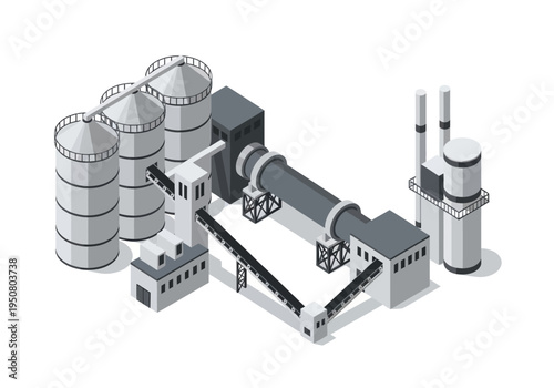 Industrial plant with silos and a large rotating kiln for manufacturing and processing materials