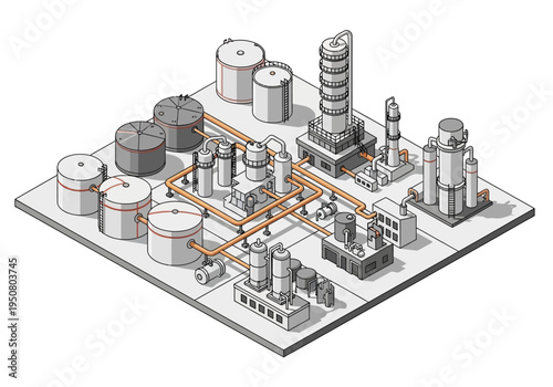 Isometric view of an industrial chemical processing plant with storage tanks and distillation towers