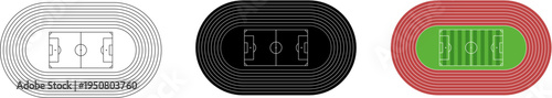 Top view running track stadium with soccer field in center. Minimal outline, dark and colorful versions. Clean sports arena vector illustration for infographics, maps, sport design and backgrounds.