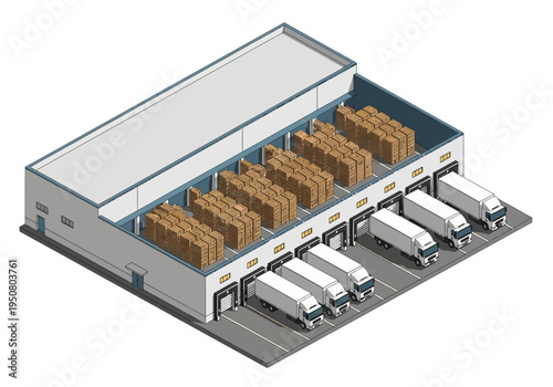 Isometric warehouse with loading docks and delivery trucks, efficient logistics and supply chain management concept