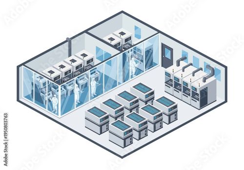 Cleanroom laboratory with advanced scientific equipment and researchers in protective suits