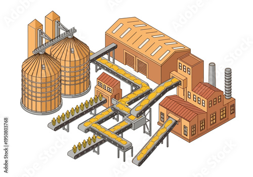 Industrial facility with silos and conveyor belts for bulk material transport