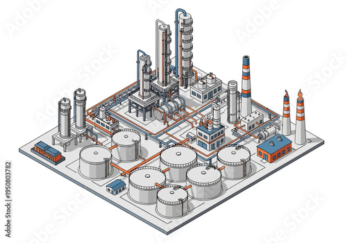 Isometric view of a large industrial oil refinery complex with storage tanks and distillation towers