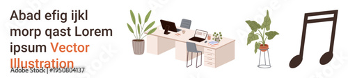 Office productivity, interior decor, creative expression, workspace setup, remote work, inspiration. Two desks with monitors, plants and a music note. Office productivity and interior decor idea