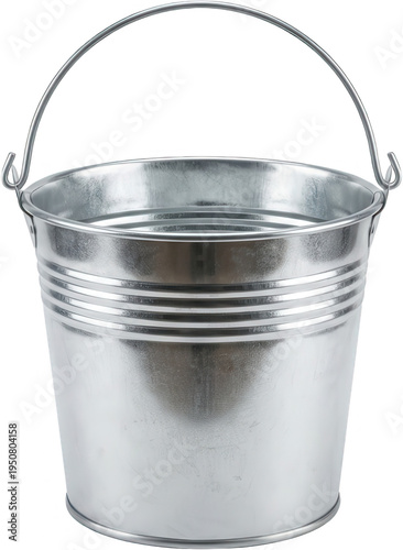 A classic galvanised metal pail with a durable wire handle featuring ribbed detailing around the upper circumference for added texture and strength bucket galvanized tin steel transparent background