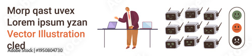 Business strategy, data analysis, decision making, customer feedback, technology management, team dynamics. Person at desk with laptops, devices feedback chart. Data analysis and customer feedback
