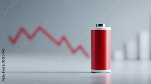 Wallpaper Mural Energy Depletion Concept: A visual representation of dwindling energy, a single battery stands depleted against a backdrop of a downward-trending line graph, symbolizing decline and depletion. Torontodigital.ca