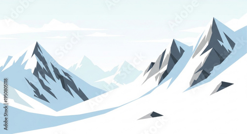Snowy mountain range landscape with rugged peaks and serene white snow under light blue sky