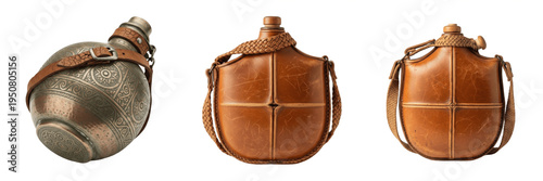 Quadro su tela Set and collection of vintage leather canteens and antique metal water flasks wi