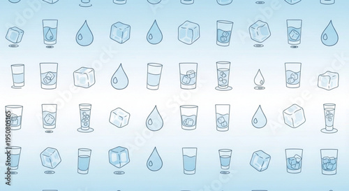 Collection of various ice cube and water drop icons on a gradient blue background
