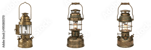 Foto Set and collection of vintage brass oil lanterns and antique kerosene lamps for