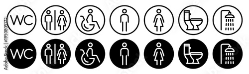 Toilet icon set with symbols for man, woman, disabled in wheelchair, wc, toilet, shower. Outline round frame vector illustration for restroom signs, WC labels, public facilities design.