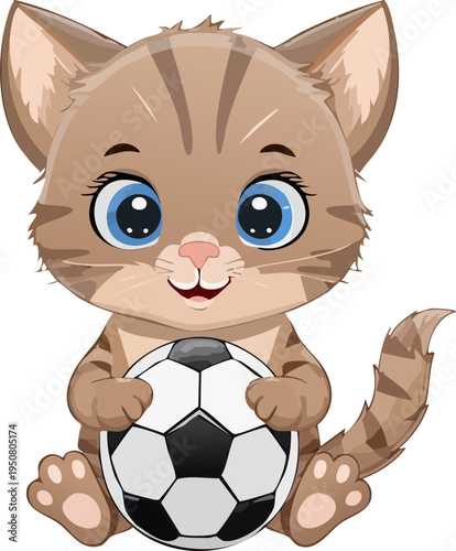 A vector graphic illustration of a cute cartoon cat holding a soccer ball on a transparent background