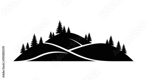 Black silhouette of rolling hills with pine trees on a white background landscape design element