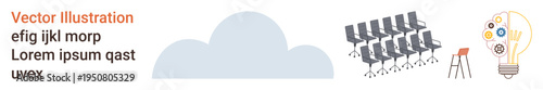 Education, innovation, teamwork, brainstorming, digital solutions, creative thinking. A cloud symbol, rows of chairs a light bulb with symbols. Education and innovation ideas visually expressed