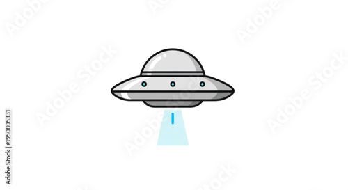 Gray ufo flying saucer with blue beam landing lights on white background science fiction concept