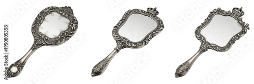 Foto Set and collection of luxury vintage silver hand mirrors with ornate filigree fr