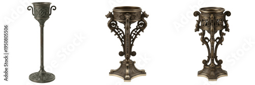 Canvastavla Set and collection of antique bronze chalices and ornate vintage trophy cups wit