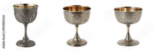 Photos Set and collection of antique silver goblets with intricate floral engravings an