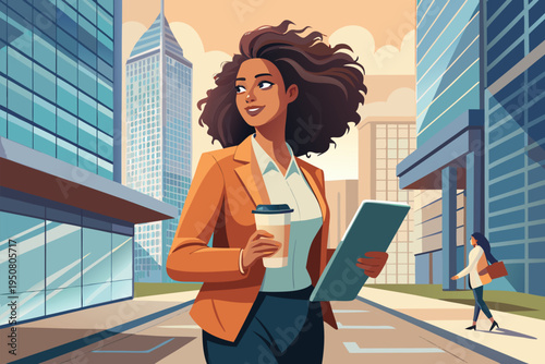 Confident professional woman walking through a modern city plaza with a coffee cup and tablet, symbolizing productivity, corporate career ambition, urban work life, and technology use.