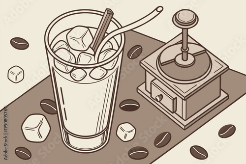 Iced coffee with ice cubes and a straw sits beside a vintage coffee grinder and scattered coffee beans in a sepia line-art illustration, evoking cafe nostalgia, aroma and morning refreshment.