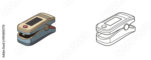 Finger pulse oximeter in flat color and linear style blue and beige colors medical diagnostic device for monitoring blood oxygen saturation levels on white background