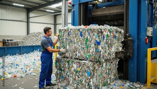Recycling Work: A worker carefully oversees the baling process of recyclable materials, ensuring efficiency and contributing to environmental preservation. Capturing industrial procedures.