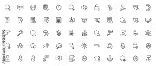 Security icon set. Vector security symbols pack. Includes password, lock, camera, surveillance, antivirus, access, protection, shield, key and more. Editable stroke.