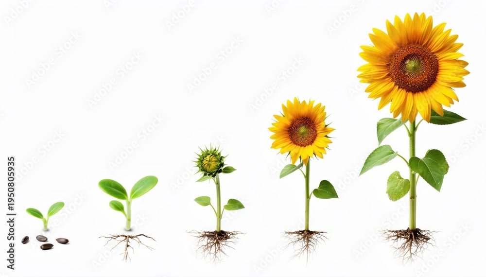 Obraz premium Sunflower's life cycle: A vibrant illustration showcasing the captivating metamorphosis of a sunflower, from a tiny seed to a fully bloomed flower, symbolizing growth, progress.