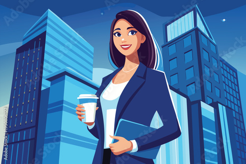 A confident businesswoman in a smart suit smiles with a coffee cup and tablet against a modern city skyline, symbolizing ambition, career success, and a corporate lifestyle in a downtown setting.