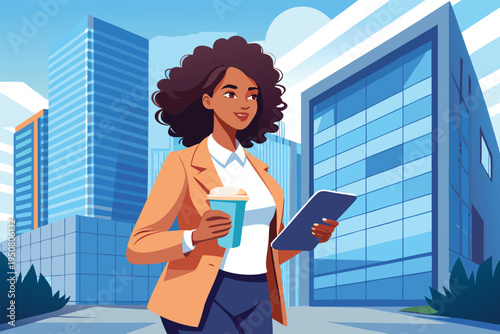 Professional Businesswoman Walking in City With Coffee and Tablet Near Modern Office Buildings