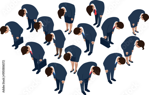 Business People Bowing Respectfully in Blue Suits Isometric Flat Design