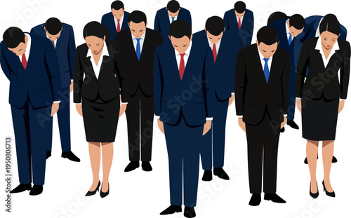 Business Team Bowing Respectfully In Blue Suits Minimalist Flat Illustration