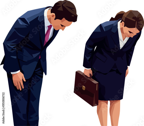 Business People Bowing in Formal Suits Minimalist Vector Illustration