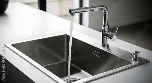 Water running from a chrome faucet into a stainless steel kitchen sink on a white countertop surface ai generated
