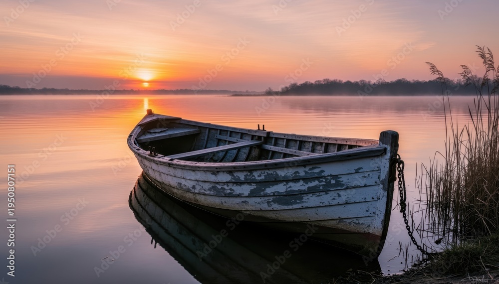 Obraz premium Serene Dawn: An old rowboat rests peacefully on a calm lake, bathed in the soft glow of a sunrise, evoking a sense of tranquility and the start of a new day.