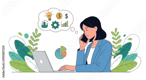 Vector illustration of businesswoman on phone with laptop and finance thought bubble