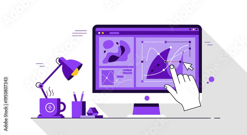 Vector illustration of office workspace with computer and hand interacting