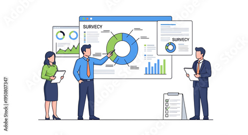 Vector illustration of 3 business people analyzing data and charts