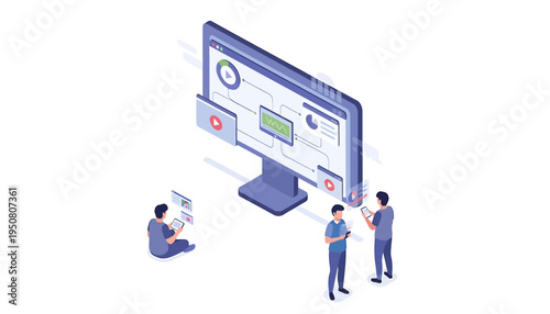 Vector illustration of people interacting with a large computer monitor