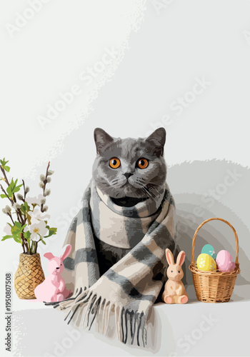 Gray Cat Wearing Scarf With Easter Bunny Decorations and Pussy Willow