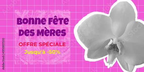 Mothers Day promotional banner with French greeting text, discount example. Pink marketing layout with orchid flower. Suitable for social media sale post, retail promotion, holiday advertising design
