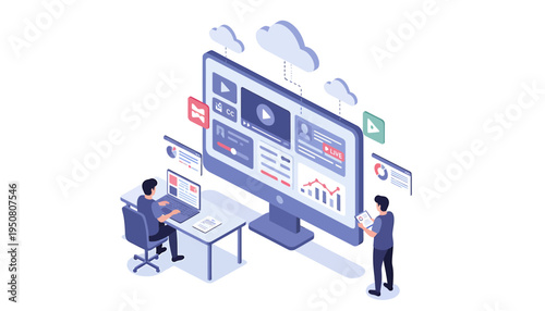 Vector illustration of two businessmen working with big computer screen and data analysis