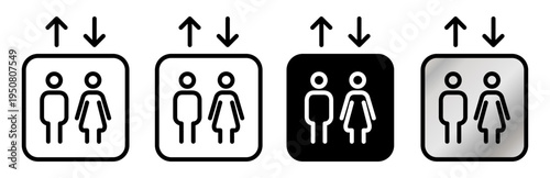 Elevator lift icons including male and female figures with directional arrows up and down. Simple vector signage symbols.