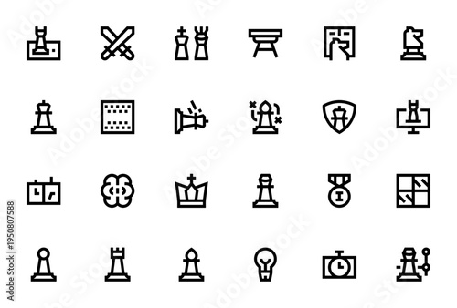 Chess icon set. Vector strategy game symbols. Includes king, queen, pawn, knight, smartphone, brain, crown, weapons, timer and more. Editable line icons.